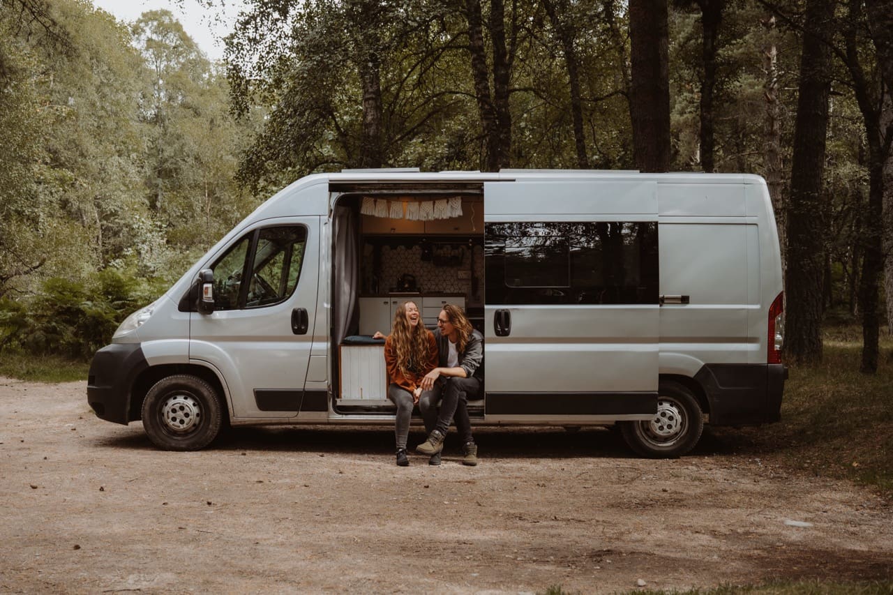 couples photoshoot with campervan in the cairngorms scottish highlands
